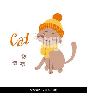 Niedliche Katze in einem Winterhut. Vektor-Illustration von Cartoon flach Stock Vektor