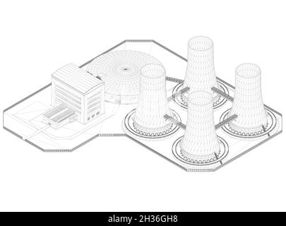 Drahtmodell des Kraftwerks aus schwarzen, auf weißem Hintergrund isolierten Linien. Isometrische Ansicht. 3D. Vektorgrafik Stock Vektor