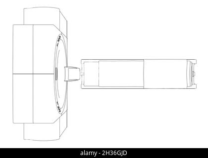 Kontur eines medizinischen Tomographen aus schwarzen, auf weißem Hintergrund isolierten Linien. Blick von oben. Vektorgrafik Stock Vektor