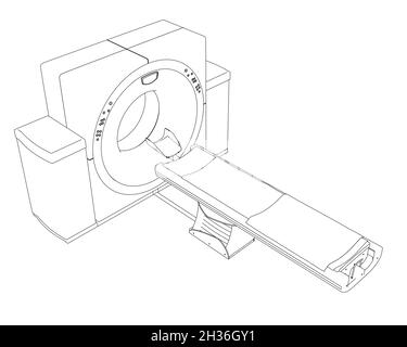 Kontur eines medizinischen Tomographen aus schwarzen, auf weißem Hintergrund isolierten Linien. Isometrische Ansicht. Vektorgrafik Stock Vektor