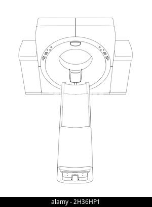 Kontur eines medizinischen Tomographen aus schwarzen, auf weißem Hintergrund isolierten Linien. Vorderansicht. Vektorgrafik Stock Vektor