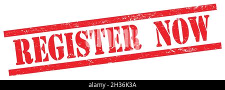JETZT REGISTRIEREN Text auf rotem grungy Rechteck Vintage Stempel. Stockfoto
