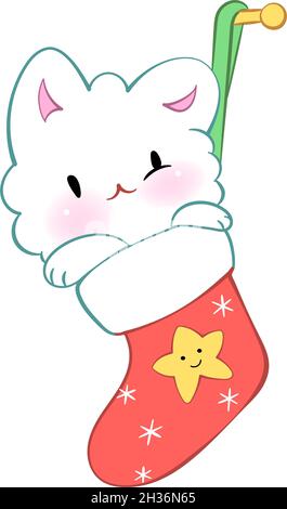 Weihnachten Kawaii Katze mit Socken. Feiertagsstimmung. Vektoraufkleber für Messenger Stock Vektor