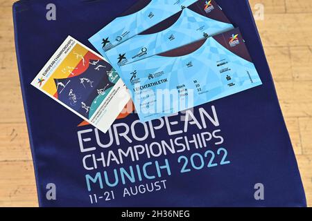 München, Deutschland. Oktober 2021. Kantenmotiv, Feature, Logo, EUROPAMEISTERSCHAFT MÜNCHEN 2022 Tickets, Eintrittskarten. Pressedatum Europameisterschaften 2022 vom 11-21.8.2022. Kredit: dpa/Alamy Live Nachrichten Stockfoto