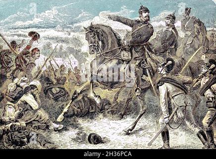 Der Kronprinz in der Schlacht von Wörth am 6. August 1870, auch bekannt als die Schlacht von Reichshoffen oder als die Schlacht von Froschwiller, Truppen aus Deutschland unter dem Kommando von Kronprinz Friedrich in der Nähe des Dorfes Wörth im Elsass, Frankreich / der Kronprinz in der Schlacht von Woerth am 6. August 1870, auch bekannt als Schlacht von Reichshoffen oder als Schlacht von Froschwiller, Truppen aus Deutschland unter dem Kommando von Kronprinz Friedrich nahe dem Dorf Woerth im Elsass, Frankreich, Historisch, historisch, digital verbesserte Reproduktion eines Originals aus dem 19. Jahrhundert / digitale Reproduktion Stockfoto