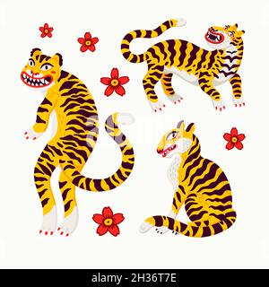 Tiger Vektor-Set, Tiger in verschiedenen Posen und japanische Kirschblüte in Cartoon asiatischen Stil. Vektorgrafik im organischen flachen Stil. Stock Vektor