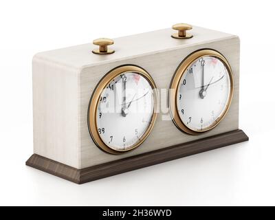 Hölzerne Retro-Schachuhr isoliert auf weißem Hintergrund. 3D-Illustration. Stockfoto