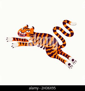 Tiger Vektor-Illustration, springen Cartoon Tiger auf weißem Hintergrund. Vektorgrafik im organischen flachen Stil Stock Vektor