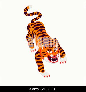 Tiger Vektor-Illustration, Cartoon Tiger prowling auf weißem Hintergrund. Vektorgrafik im organischen flachen Stil Stock Vektor