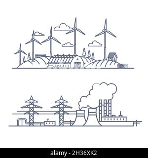 Kraftstoffenergie im Vergleich zum Konzept der grünen Energie. Vektor-Illustration von erneuerbaren elektrischen und fossilen Verschmutzungsenergie. Vektorgrafik für Umrissstil auf Weiß Stock Vektor