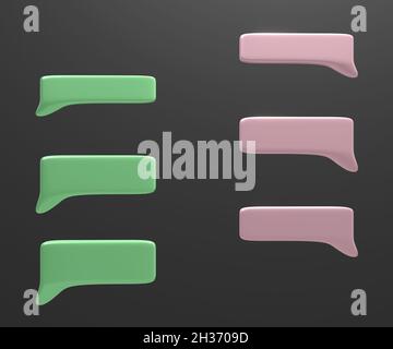 Rosa und blaue Dialogblase isoliert auf schwarzem Hintergrund. 3D-Illustration. Stockfoto