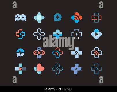 Cross-Logo-Set-Konzept für Gesundheitswesen Live-Chat, Klinikhilfe, Telemedizin, medizinische Beratung, Online-Diagnose, Medizin für Fernhaushalten. Vektor Stock Vektor