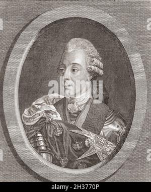 Gustav III., 1746 - 1792, König von Schweden. Auch Gustavus III. Genannt Er wurde ermordet. Nach einem Stich von Duchenne nach einem Werk Rathlins. Stockfoto