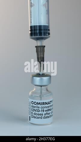 Comirnaty BioNTech Pfizer-Impfstoff COVID-19 Injektionsnadel, weiß Stockfoto