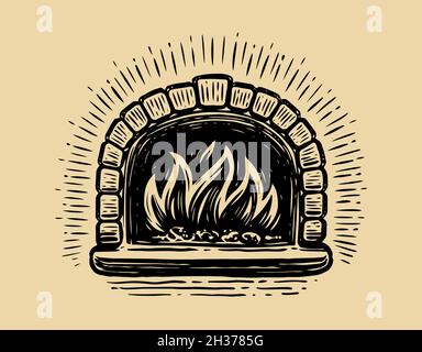 Backstein Pizzaofen mit Feuer. Bäckerei Skizze vintage Vektor Illustration Stock Vektor