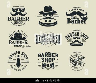 Barbershop Vektor Retro Logosatz. Hipster Friseur-Shop-Label, Gentleman Silhouette mit Schnurrbart, Brille, Krawatte und Hüte. Flaches, rundes Vintage-Logo Stock Vektor