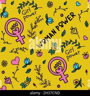 Nahtlose Muster Doodle Anzeichen von Feminismus, Frauenrechte. Grunge handgezeichnete Vektor-Ikonen des Feminismus Protestsymbole Eine Kundgebung, um für die Abstimmung zu kämpfen Stock Vektor