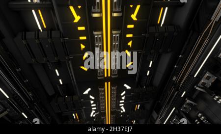 Abstrakte futuristische Animation mit technologischem Tunnel, nahtloser Schleife. Animation. Fliegen durch ungewöhnlichen Korrdor mit hell leuchtender Lichtlinie. Stockfoto