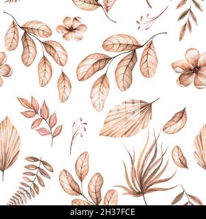 Aquarell-Boho-Nahtloses Muster - handbemalte tropische Blüten aus weißer Orchidee, Palmblättern und Ästen von Pampas. Romantisches Blumenset perfekt für Stockfoto