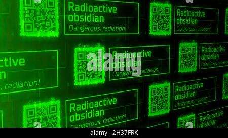 Warnhinweis zur nuklearen Strahlung mit qr-Codes auf schwarzem Hintergrund. Bewegung. Abstraktes Konzept der atomaren radioaktiven Warnung, nahtlose Schleife. Stockfoto