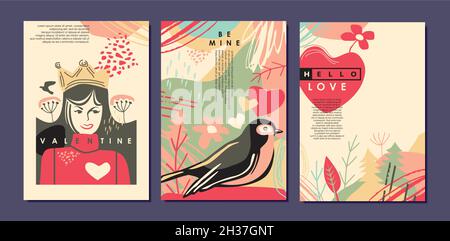 Grußkarten und Banner zum Valentinstag. Notizbuch-Cover-Designs mit romantischem Liebesthema. Modische Prinzessin Mädchen Stock Vektor