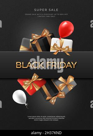 Black friday Verkaufsposter mit glänzenden Ballons, Geschenken und Papierbanner Stock Vektor