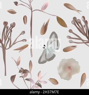 Boho Nahtlose Muster mit Zierblättern, Schmetterling, Blume, trockenen Kräutern, Baumzweig. Endlose Textur. Vektorgrafik Stock Vektor