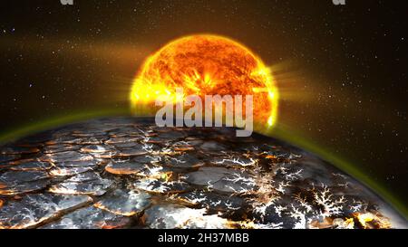 Sonnenaufgang über einem fremden Planeten. Elemente dieses Bildes, die von der NASA eingerichtet wurden. Stockfoto