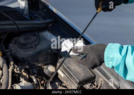 Mann, der den Ölstand unter der geöffneten Haube eines flachen Motorraums mit vier Boxern überprüft. Nahaufnahme an einem sonnigen Tag Stockfoto