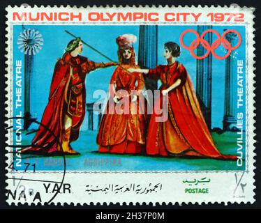 JEMEN - UM 1971: Eine im Jemen gedruckte Briefmarke zeigt eine Szene aus Agrippina, einer Oper von George Friedrich Händel, deutscher Komponist, Olympischer Ci Stockfoto