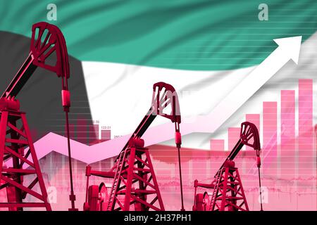 Kuwaitische Ölindustrie Konzept, industrielle Illustration - steigende Grafik auf Hintergrund der Flagge Kuwaits. 3D-Illustration Stockfoto