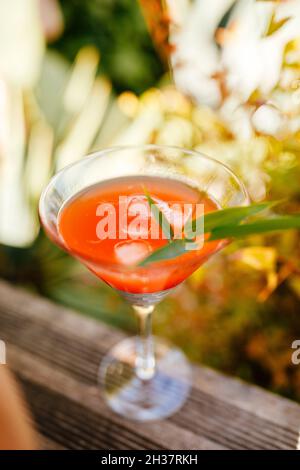 Aperol Spritz Glascocktail in tropischem Ambiente Stockfoto