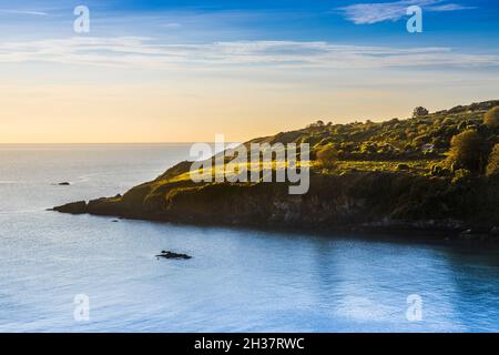 Am frühen Morgen fällt Licht auf die St. Mary's Bay im Süden von Devon. Stockfoto