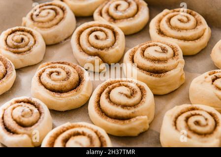 Frische Zimtbrötchen roh hausgemacht bereit zum Backen im Ofen Stockfoto