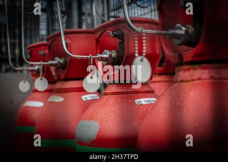 Gasflaschen im Lagerplatz Verschiedene gasförmige Chemikalien, die in Stahlflaschen gelagert werden. Stockfoto