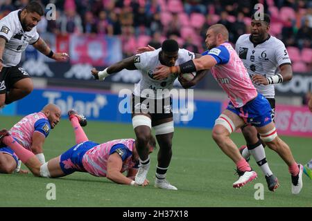 Paris, Frankreich. Oktober 2021. JOSUA TUISOVA Lyon Fullback in Aktion während der französischen Rugby-Meisterschaft Top 14 zwischen Stade Francais und Lyon im Jean Bouin Stadium - Frankreich.Stade Francais gewann 23:18 (Bildnachweis: © Pierre Stevenin/ZUMA Press Wire) Stockfoto