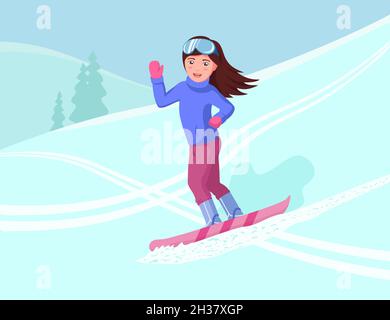 Snowboarderin rollt auf einem Snowboard den Berg hinunter. Vektor-Illustration einer schönen Frau im Wintersport engagiert. Flacher Style. Stock Vektor