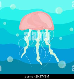 Rosa Quallen unter Wasser auf blauem Hintergrund mit Glühbirnen Stock Vektor