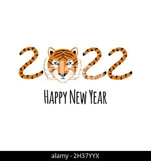 Karte zum frohen Neujahr. 2022 Jahr des Tigers Grüße. Tiger-Zeichen und handgezeichnete Beschreibung Stock Vektor