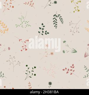 Nahtloses Muster aus Pflanzen mit Blumen in Pastellfarben und beigem Hintergrund. Naturvektormuster mit erdigen Farben Stock Vektor