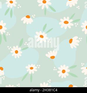 Nahtloses Muster aus weißer und oranger Gänseblümchen, mit grünen Blättern, blauen Formen und Punkten mit einem minimalistischen zeitgenössischen Stil und grünem Hintergrund Stock Vektor