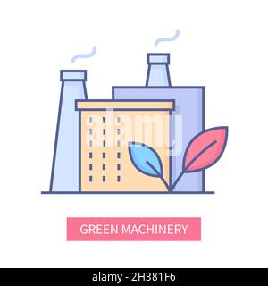 Grüne Maschinen - modernes Liniendesign-Symbol auf weißem Hintergrund. Sauberes, detailliertes Bild von umweltfreundlichen Fabriken und Anlagen. Solide Herangehensweise an energ Stock Vektor