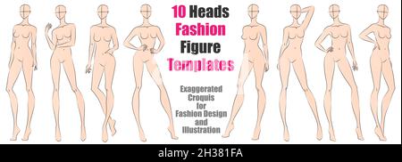 10 Köpfe Fashion Figure Templates. Übertriebene Croquis für Modedesign und Illustration. Vektorgrafik Stock Vektor