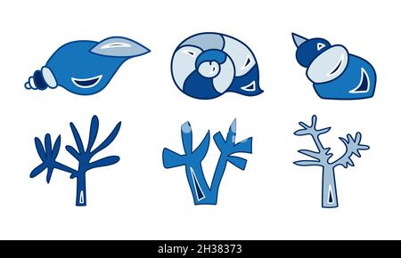 Vektordarstellung von blauen Muscheln und Algen. Symbole eingestellt. Stock Vektor
