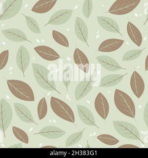 Nahtloses Vektormuster mit verschiedenen natürlichen Blättern, mit grünen und braunen Blättern mit kleinen weißen Ovalen und hellgrünem Hintergrund Stock Vektor