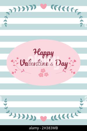 Valentinskarte mit Text-Grußschriftzug und dekorativen blauen Linien im Hintergrund und einigen Blättern und Herzen. Alles Liebe zum Valentinstag Stock Vektor