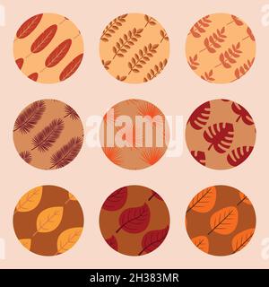 Icon Set aus 9 Kreisen mit verschiedenen tropischen Blättern für Websites oder Social-Media-Icons Stock Vektor