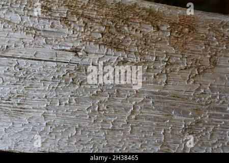 Vollformat-Hintergrundbild mit abblätternder rostender Farbe auf Holz Stockfoto