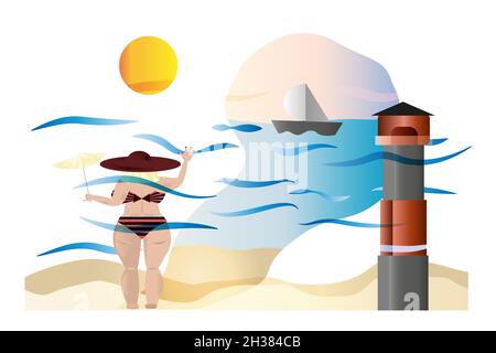 Vektorgrafik. Frau auf See. Leuchtturm. Die Frau schaut auf das Segelboot. Wunderschönes Meer, Wellen. Strahlende Sonne Stock Vektor