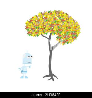 Vektorgrafik. Roboter. Der Roboter schaut auf den Baum. Helle, farbenfrohe Farben. Interaktion von Natur und Technologien Stock Vektor
